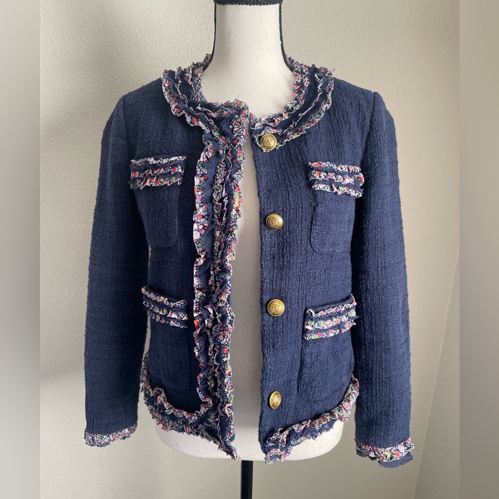 J Crew Lady Jacket Navy Blue Floral Liberty Fabric Ruffle Trim Tweed Blazer S 4